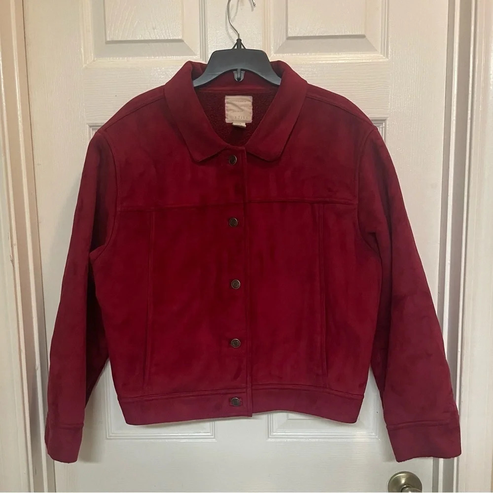 J Jill Faux Suede Fleece Sherpa Lined Burgundy Jacket Soft Cozy Size XL Petite